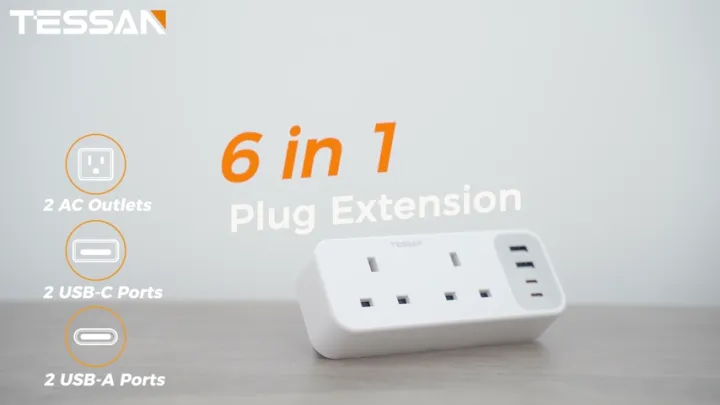 TESSAN Double Plug Adaptor with 4 USB(2 USB Type C), 2 Way Multi Plug Extension Adapter, UK 13A Fuse Multiplug Sockets Power Extender for Home, Kitchen,