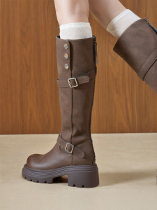 Josiny | Thick-soled Below-knee Vintage Height-increasing Rider Boots With Belt Buckle