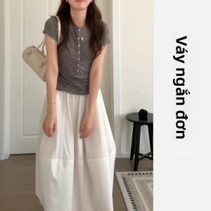 YUEZHONGWEI | Áo thun tay ngắn ôm vừa vặn phong cách Mỹ dành cho nữ mùa hè 2025 Áo thun màu xám cổ tròn dáng ôm vừa vặn