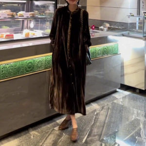 UYFY | Caramel Velvet Long Sleeve Round Neck Dress Womens Loose Fit Autumn New Style Casual Comfortable High Quality Plus Size Dress