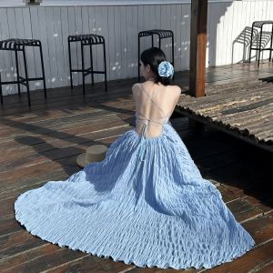 Blue Pure Desire Wave Design Long Strapless Maxi Dress Slimming Waist High Waist Summer Vacation Style Sweet Polka Dot Dress