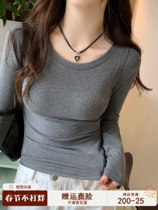 Womens Fleece Lined Long Sleeve round Neck Base Shirt Brushed Slim Fit T-Shirt Grey Color for Autumn Winter Casual Commute Style