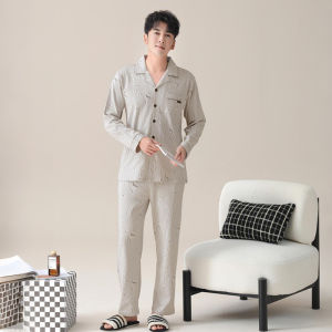 Miiow | Mens Pure Cotton Sleepwear Long Sleeve Long Pants Home Clothes Set Spring Autumn Style Large Size Casual Comfortable Suit