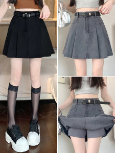 High Waist Pleated Mini Skirt Womens Summer New Denim A-Line Bodycon Skirt Trendy Half-length Skirts Polyester Silk Blend
