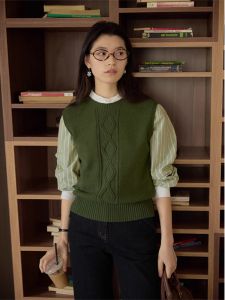 French Vintage Green round Neck Knitted Vest Womens Style Spring Autumn Shirt Layering Outerwear Sleeveless Top