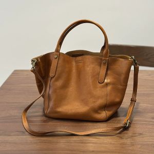 BeeGreen Women High Quality Soft Genuine Leather Handbag Vintage Bucket Bag Minimalist Shoulder Bag Large Capacity Commuter Bag