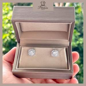 ต่างหูเพชรโมอีส50ตังค์ ดีไซน์วินเทจ ฝังเพชรล้อม ตัวเรือนเงิน92.5%(D3011)