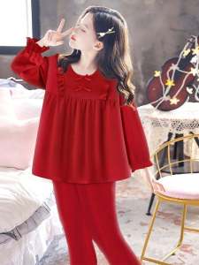Childrens Pure Cotton Long Sleeve Sleepwear Spring Autumn Home Clothes Princess Style Festive Red Little Girl New Years Suit