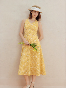 INMAN | French Elegant Plaid Embroidered Halter Tied Waist Dress