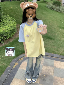 American Style Street Magic Stick Bear Short Sleeve T-Shirt Women Summer Trendy Color Block Shoulder Loose College Style INS Top