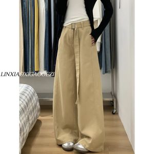 Khaki Wide Leg Casual Pants Womens Summer Long Trousers 175 Tall Vintage Drapey Floor-Length Loose Fit Trousers