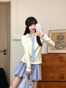 Blue Plaid V-Neck Long Sleeve Polo T-Shirt Embroidered Letter Short Style Korean College Fashion Soft Comfortable Cotton Blend