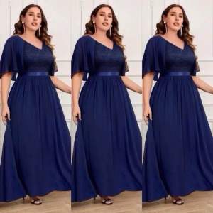 Kaixin002 Plus Deep V-Neck Sequin Lace Contrast Chiffon Bishop Sleeve Formal Party Swing Dress Elegant Prom Semi Formal Wedding Guest Dress For Birthday Graduation Homecoming