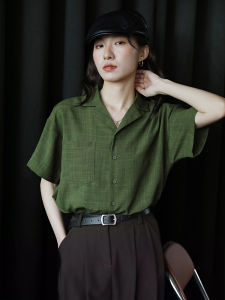 Dark Green Stripes Short Sleeve Plaid Shirt Womens Clothing Summer New Arrival Elegant Retro Hong Kong Style Thin Shirt Chiffon Tops