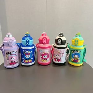 ขวดน้ําสเตนเลส 500ML ขวดน้ำเด็กลายน่ารัก ฟรีสายคล้องคอ ลายน่ารัก5สี พร้อมหลอดดูด เก็บอุณหภูมิ3-6ชั่วโมง