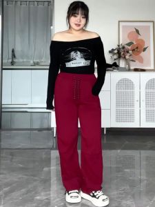 plus Size Womens Red Workwear Pants High Waist Wide Leg Street Style Trendy Brand Pear Shaped Body Casual Long Pants
