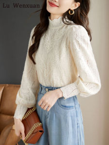 French Style Thickened Long Sleeve Lace Base Shirt Womens Autumn Winter Fashion Half High Collar Inner Wear Small Shirt