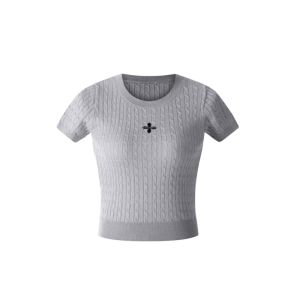 YUEZHONGWEI | American Style Shoulder Grey Knitted Short Sleeve T-Shirt Women Summer Unique Design Beautiful Waist-Cinching Short Top