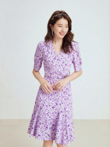 Koradior | Elegant Floral Print V-neck Tea Dress