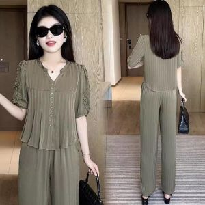 Fashionable Ice Silk Casual Sportswear Set Womens Summer 2026 Slimming Wide Leg Pants Two Piece Set Polyester Fiber Short Sleeve V Neck