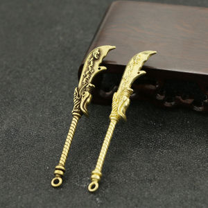 Vintage Pure Brass Guan Gong Long Sword Keychain Pendant Weapon Ornament Handheld Object Qing Long Yue Knife Keychain