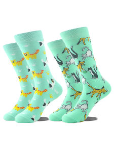 ถุงเท้าข้อสั้นลายการ์ตูนแมวน่ารักสีเขียวมิ้นท์ 2 คู่ ถุงเท้าแฟนซีผ้าฝ้ายสำหรับทุกเพศ