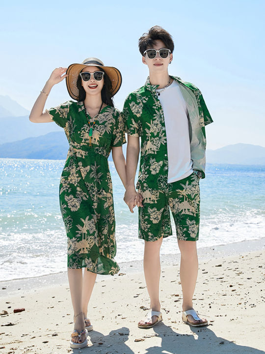 Summer Couple Matching Dresses Vacation Beach Southeast Asia Style Women's  Short Sleeve V-Neck Printed Polyester Blend Skirt Set | Lazada
