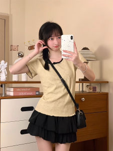 Butterfly Knot round Neck Short Sleeve T-Shirt Knitted Short Style Shoulder Design Polyester Fiber Commute Simple Style Top