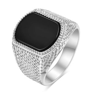 VQYSKO ใหม่แฟชั่นสี Chunky Punk สแตนเลสแหวนใส่นิ้วสำหรับผู้ชายผู้หญิง Punk Vintage Oval สีดำแหวนหิน