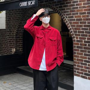 Lucky Year Red Corduroy Long Sleeve Shirt Mens Casual Style Spring Autumn New Year Atmosphere Feeling Loose Fit Button up Shirt