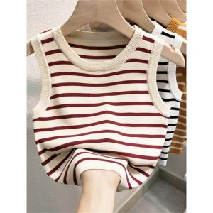 เสื้อกั๊กแขนกุดลายทางสำหรับผู้หญิง ชุดชั้นในฤดูร้อน 2024 เสื้อสเวตเตอร์ถัก เสื้อตัวบนสไตล์ฝรั่งเศส คุณภาพเยี่ยม ระบายอากาศได้ดี
