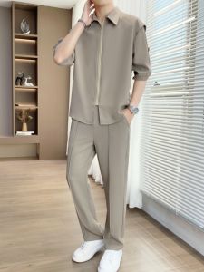 Fashionable Casual Shirt Set for Men Summer Thin Lightweight Business West Pants One Piece Youth Polyester Long Sleeve Long Pants