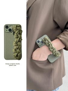Olive Green Twisted Wristband Phone Case for 16 pro 15 pro Max 13 High End 14 pro Max Leather 12 Crossbody 11 Artistic XS Max Shoulder Strap