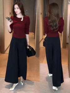 Fashionable Long Sleeve Womens Set Autumn 2024 Slimming T-Shirt Pants Two-Piece Set round Neckline Polyester Fiber