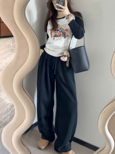 กางเกงวอร์มขากว้างเอวสูงไซส์ใหญ่ สีดำ กางเกงขายาวลำลองสำหรับผู้หญิง ทรงหลวม ทรงสลิมฟิต ทรงเอฟเฟกต์กระชับสัดส่วน ฤดูใบไม้ร่วง