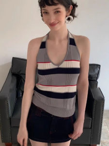 chaqi | American Style Spicy Girl Knitted Halter Vest Women Summer New Retro Stripes Sleeveless Slimming Top Girls Casual Wear