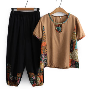 Ice Silk Cotton Linen Short Sleeve T-Shirt Set Womens Ethnic Style Top Loose Fit Button Detail Eighteen Pants Vintage Pattern