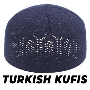 Peci Muslim Mercan Rajut Mesin Warna Biru Tua Bermerek Thekufi Bahan Adem Terdapat Lubang Ac - Turkish Kufi