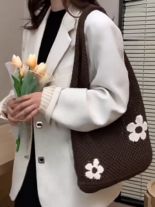 Floral Pattern Knitted Tote Bag Hollow Out Shoulder Bag Hobo Large Capacity Shopping Bags Multicolor