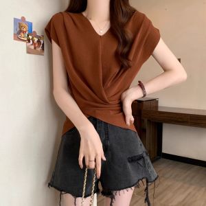 Áo Thun Nữ Cổ Chữ V Thắt Nơ Ôm Eo Màu Trơn Thời Trang Mùa Hè 2025 Phong Cách Mới Cao Cấp Thanh Lịch