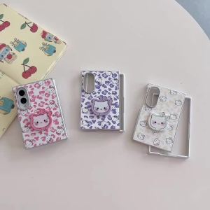 Sanrio | Cute Cartoon Leopard Print Hello Kitty Ring Holder Bracket Case For Samsung Z Fold 8 7 6 5 4 Sanrio Fold Protective Phone Cover