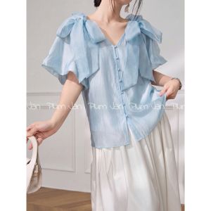 PlumJan | Áo Sơ Mi Tay Bồng Phong Cách Pháp Cổ V Đính Nơ Lớn