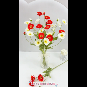 Hoa Anh Túc Nhỏ 3 Bông 1 Nụ thân lông (Hoa Poppy) Cắm Giỏ Bó Hoa Trang Trí Nhà Cửa. Hoa Lụa Decor