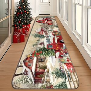 VIKAMA Christmas Red Truck Farmhouse Runner Rug Non Slip Soft Floor Mat For Hallway Entry Christmas Home Decor