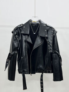 เสื้อแจ็คเก็ตหนังสไตล์ย้อนยุคอเมริกันสำหรับผู้ชาย ทรงสั้น เสื้อคลุมมอเตอร์ไซค์แบบมีซิป แขนยาว ผ้าไนลอนผสมโพลีเอสเตอร์