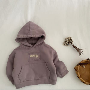 Korean Style Fleece Lined Hoodie Sweatshirt for Kids Autumn Winter Thickened Warmth Non Detachable Hat Cotton Blend Childrens Wear