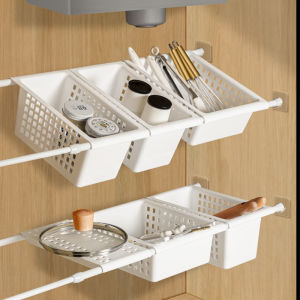 Kitchen Sink Storage Rack Non-Drilling Expandable Rods Shelf Cabinet Spice Layer Partition Storage Basket Plastic Material