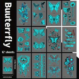 12 Sheets Butterfly Luminous Temporary Tattoo Blue Glow In the Dark Tattoo Sticker For Women Hands Face Tattoo Music Party Decor