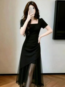 Ge·an·fei | Đầm Đen Cổ Vuông Dây Nịt Elegance Chất Lượng Cao