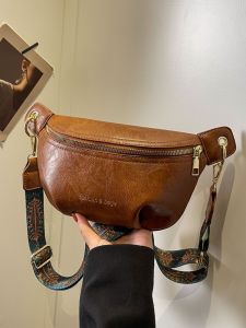 Retro Wide Strap Casual Fashionable Womens Crossbody Bag Versatile Leisure Waist Bag Hip Bag Soft PU Zipper Closure